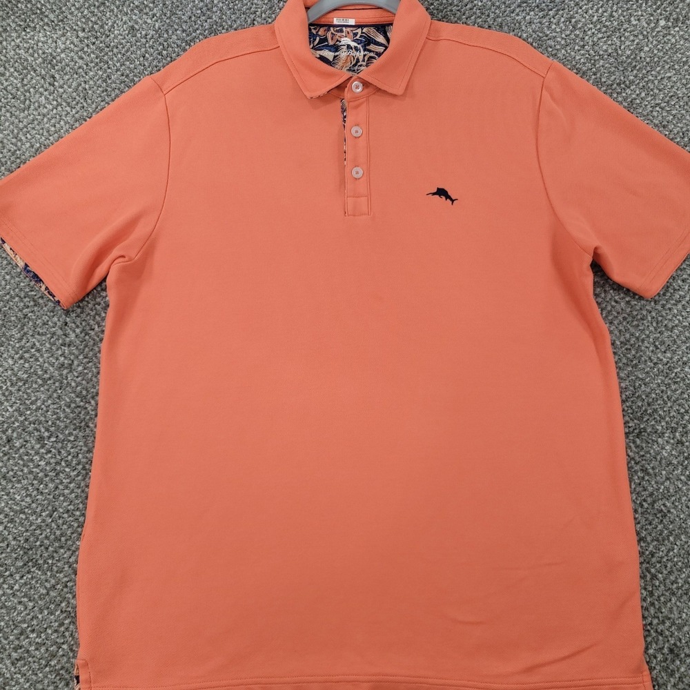 Tommy‎ Bahama Mens Large Coral Orange Emfielder Supima Cotton Polo Shirt Marlin
